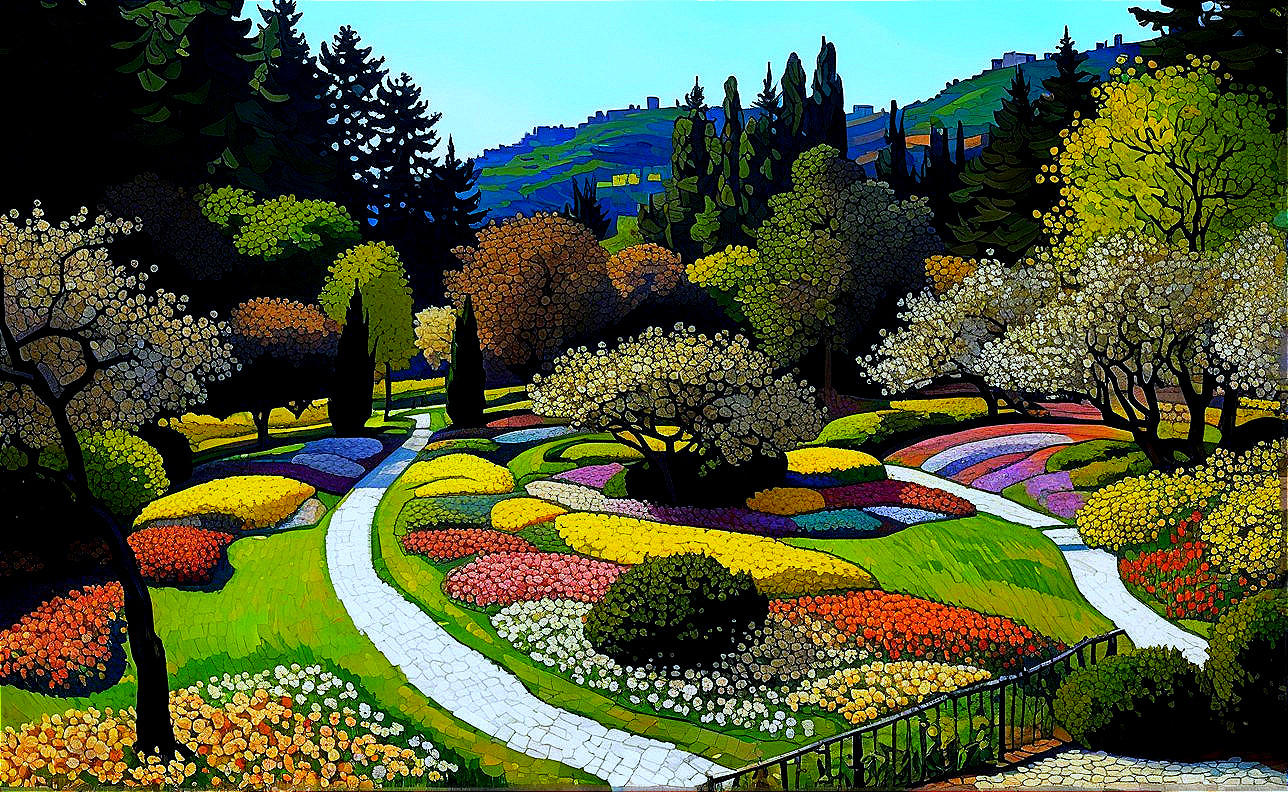 Vibrant garden scene with colorful flowers and trees