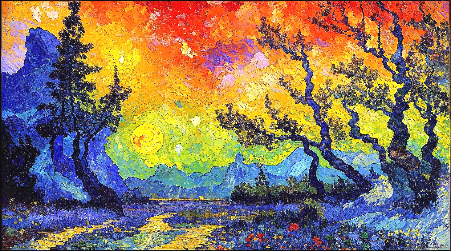 Vibrant Landscape Painting with Swirling Skies and Trees