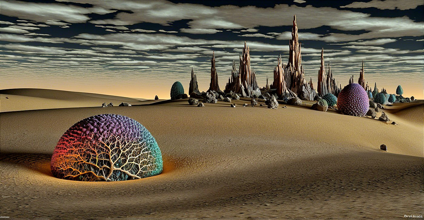 Surreal Desert Landscape with Colorful Dome Structures