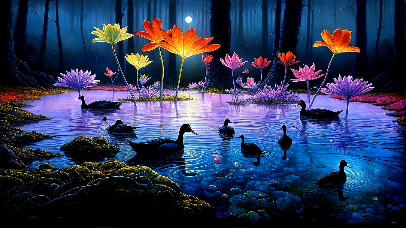 Serene Nighttime Pond with Vibrant Flowers and Ducks
