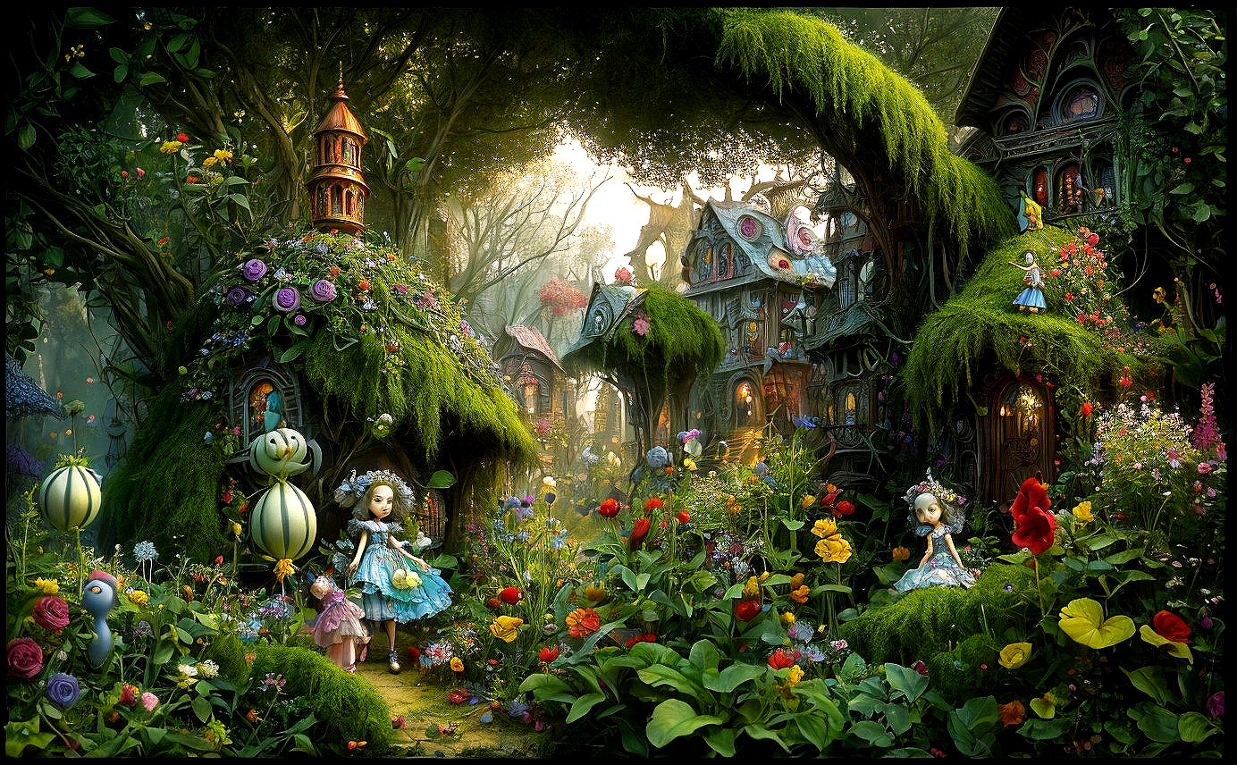 Whimsical Garden with Doll-Like Figures and Flowers