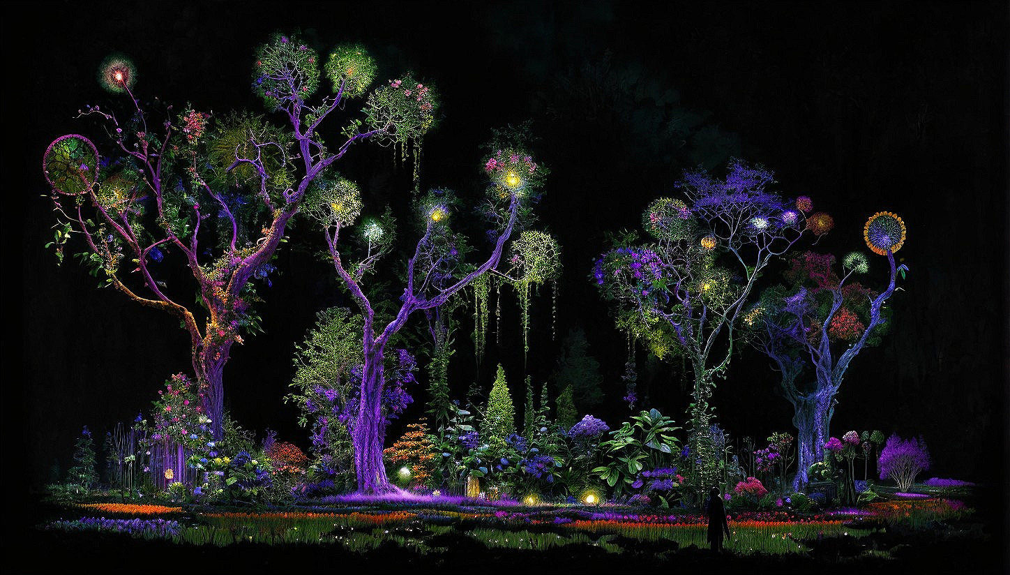 Mystical Nighttime Landscape with Glowing Trees