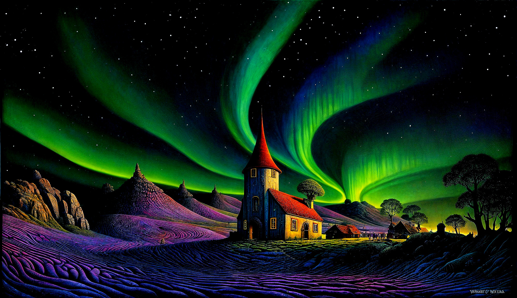 Whimsical Landscape with Church and Vibrant Auroras