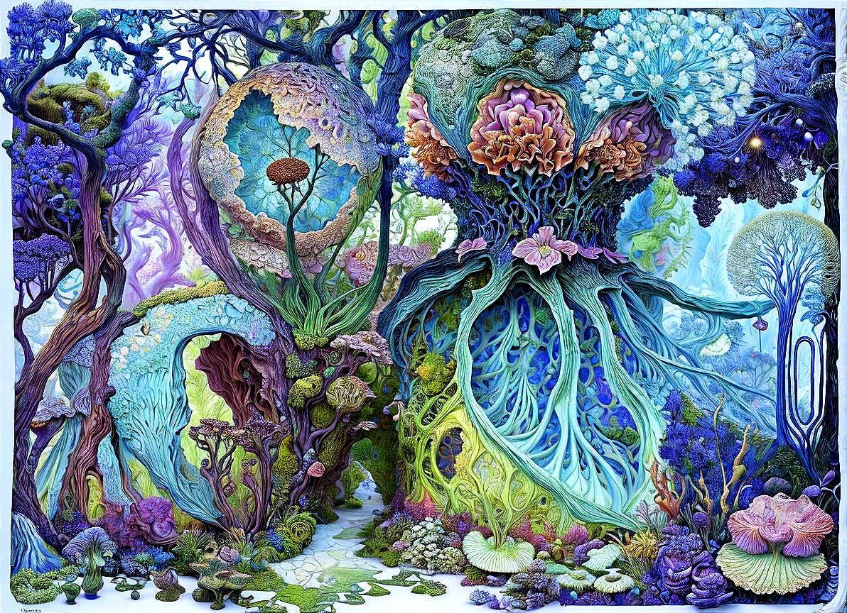 Surreal Garden Landscape with Vibrant Flora and Structures