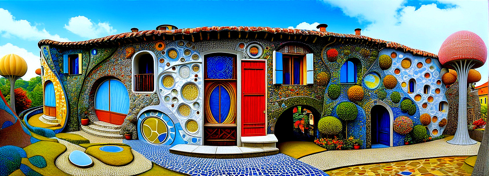 Colorful Curved Building with Textured Façade and Gardens