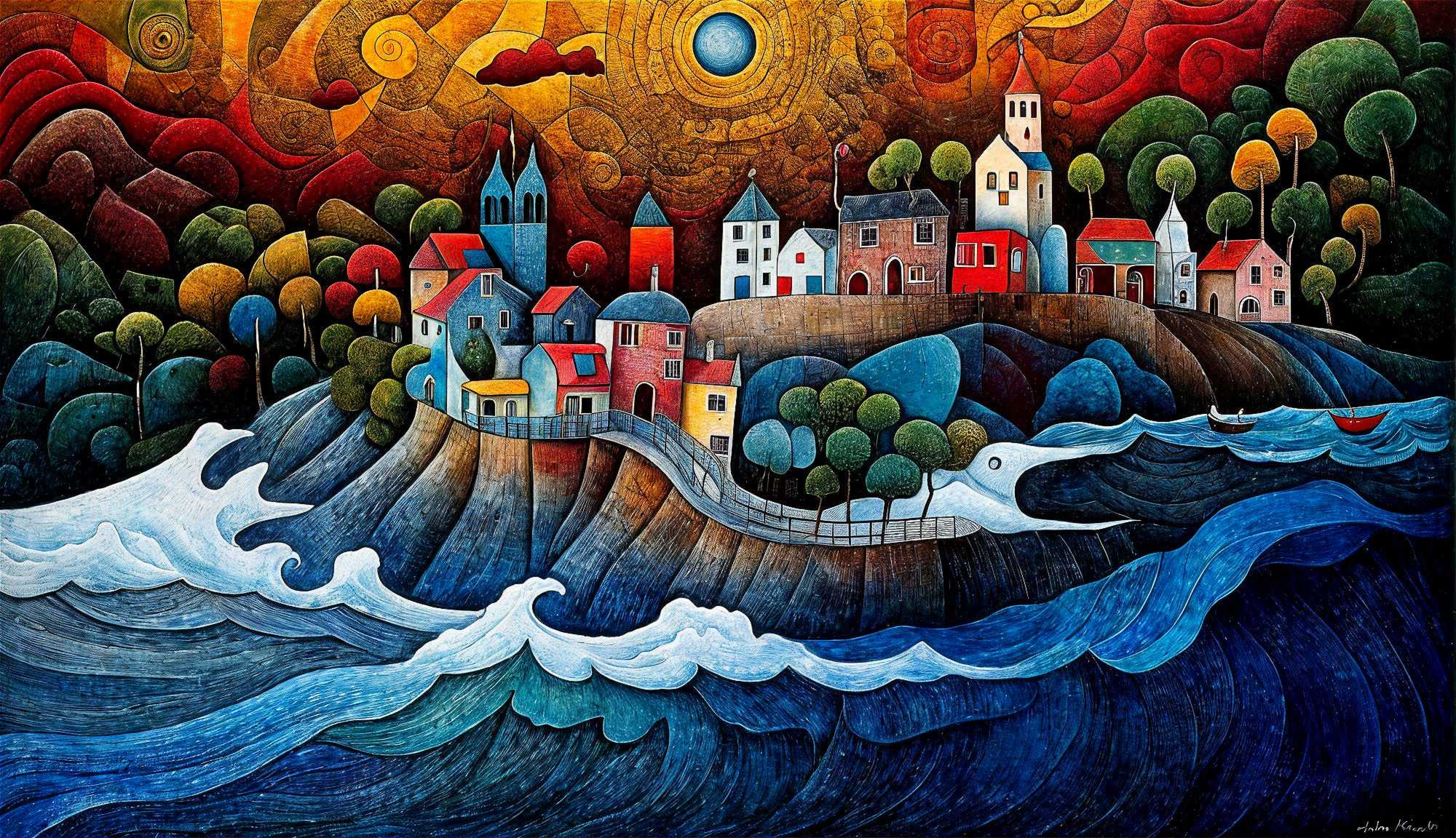 Abstract Landscape with Whimsical Village and Waves