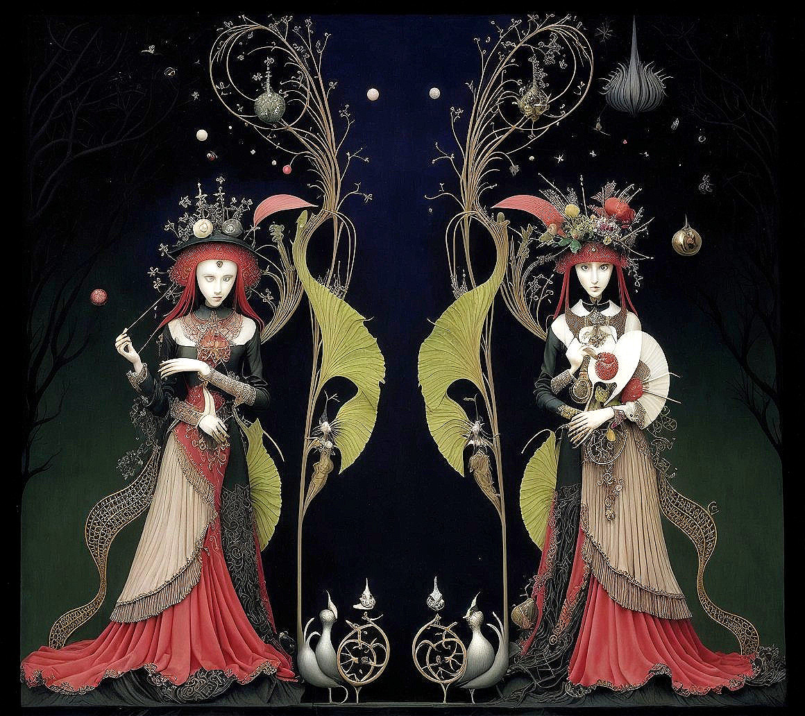 Elegant Figures in Ornate Garments with Mystical Elements