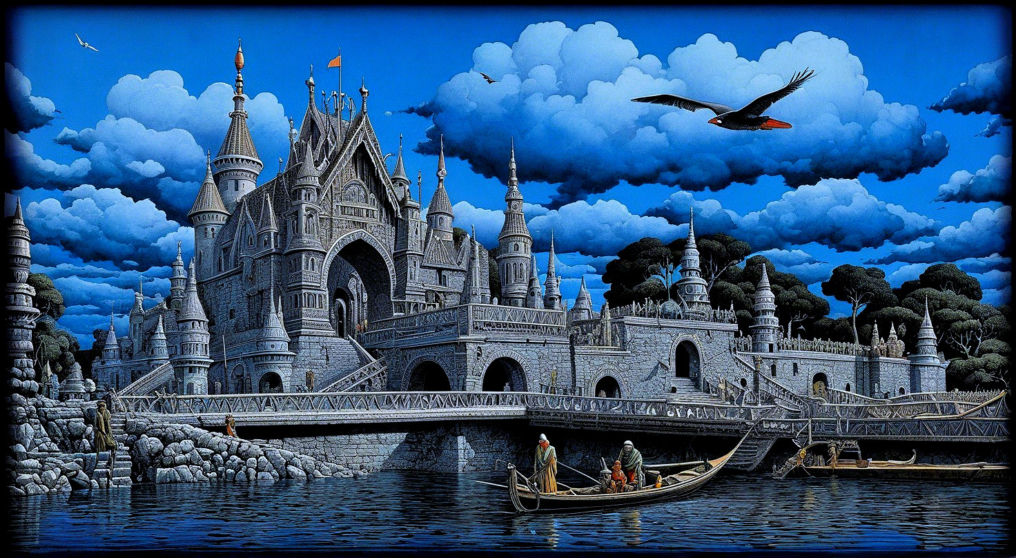 Majestic castle with towers and serene water reflection