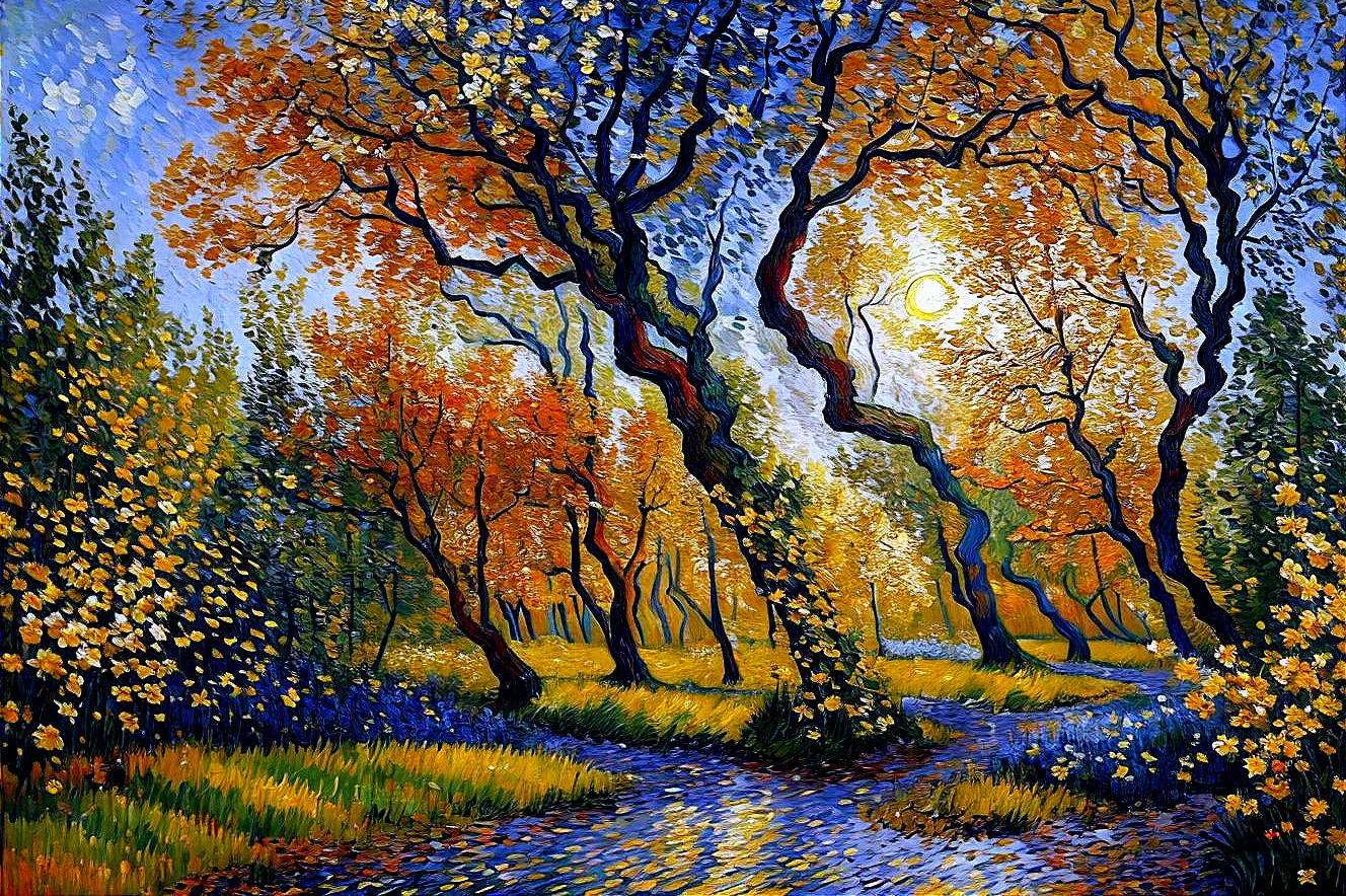 Vibrant Autumn Landscape with Twisted Trees and Stream