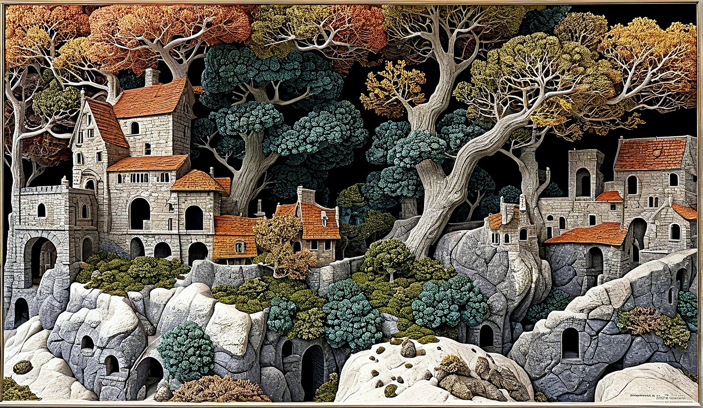 Whimsical Landscape with Stone Houses and Lush Trees