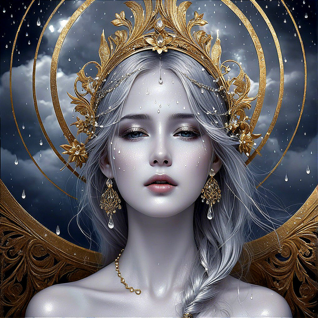 Serene figure with silver hair and golden crown