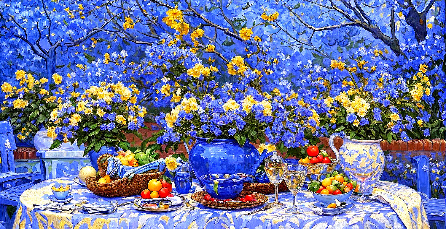 Colorful Outdoor Table Setting with Fruits and Flowers