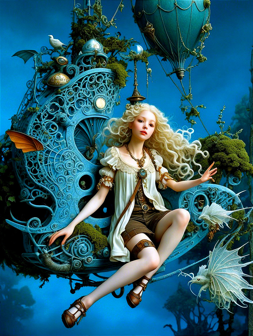 Whimsical Fantasy Scene with Young Woman on Swing