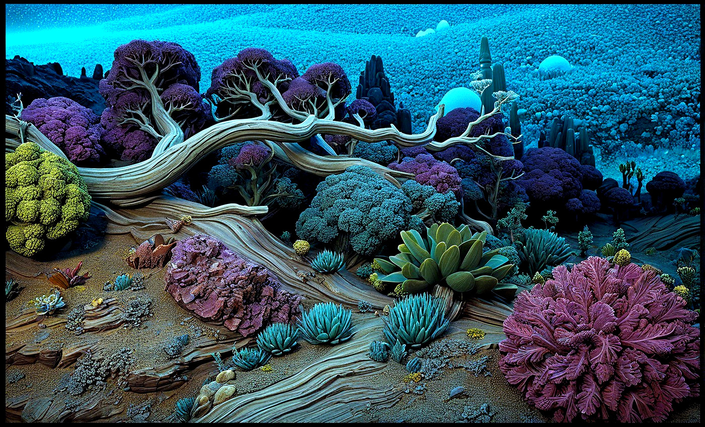 Surreal Landscape with Oversized Flora and Ethereal Colors