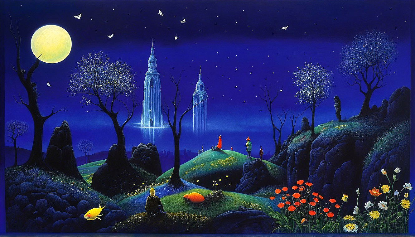 Dreamy Night Scene with Moonlit Hills and Spires