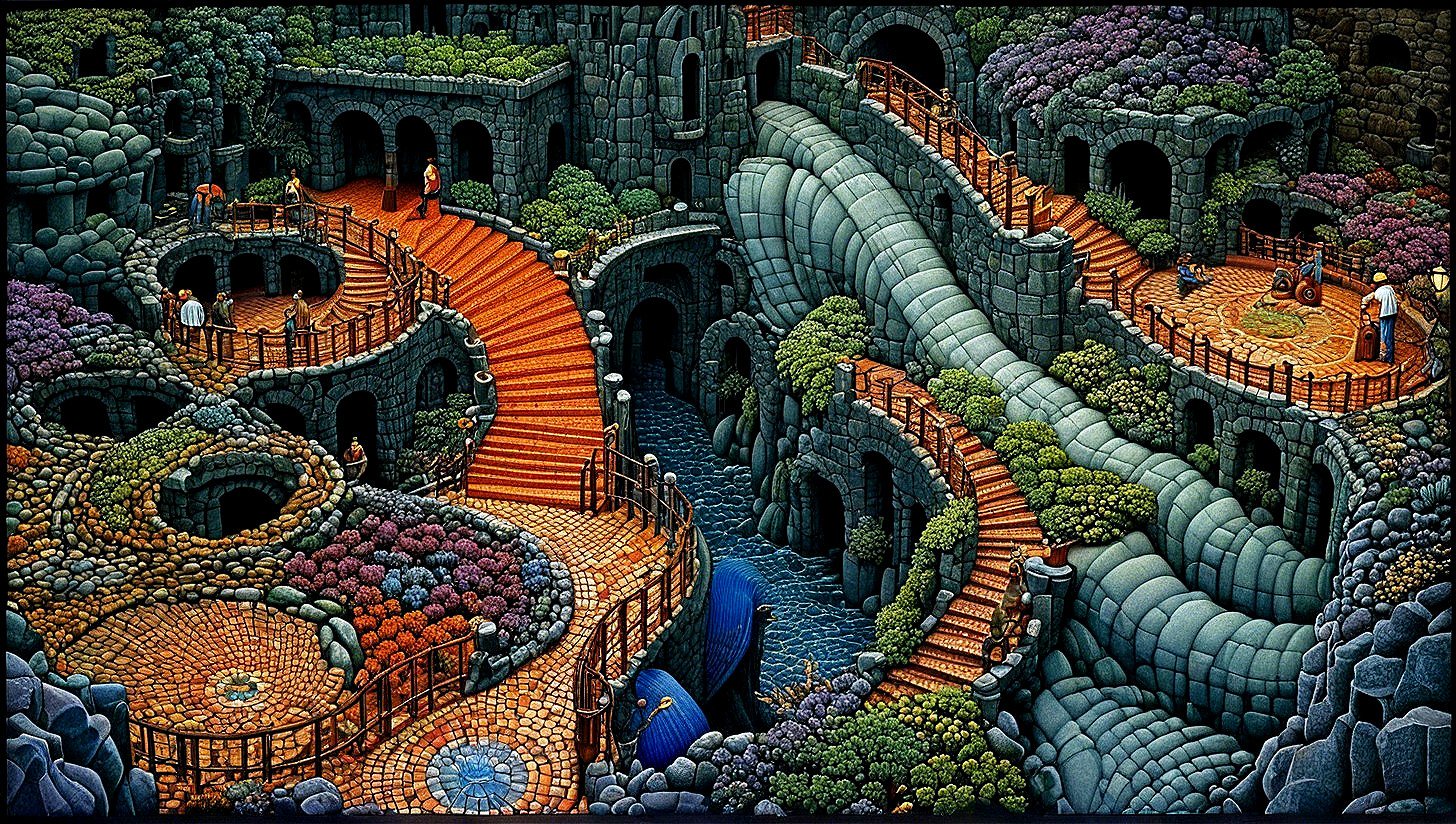 Fantastical Landscape with Stone Structures and Waterfalls