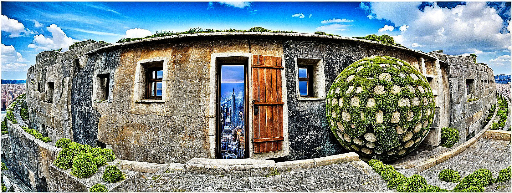 Unique Circular Building with Textured Stone Exterior
