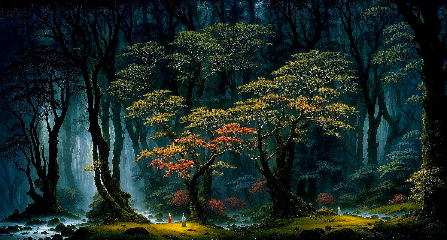 Mystical Forest with Towering Trees and Ethereal Atmosphere