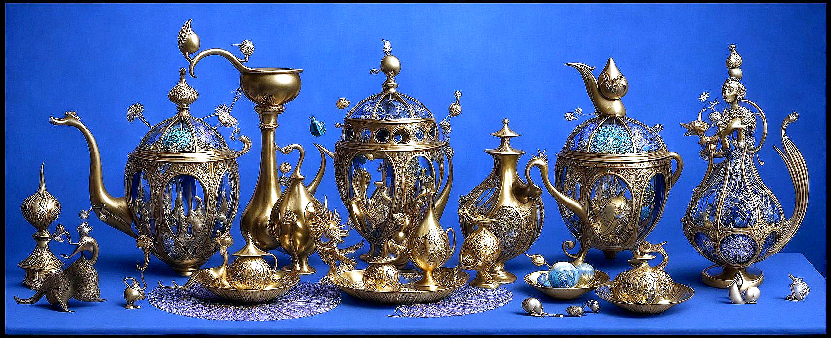 Intricate Gold and Enamel Metalware with Jewels on Blue Background