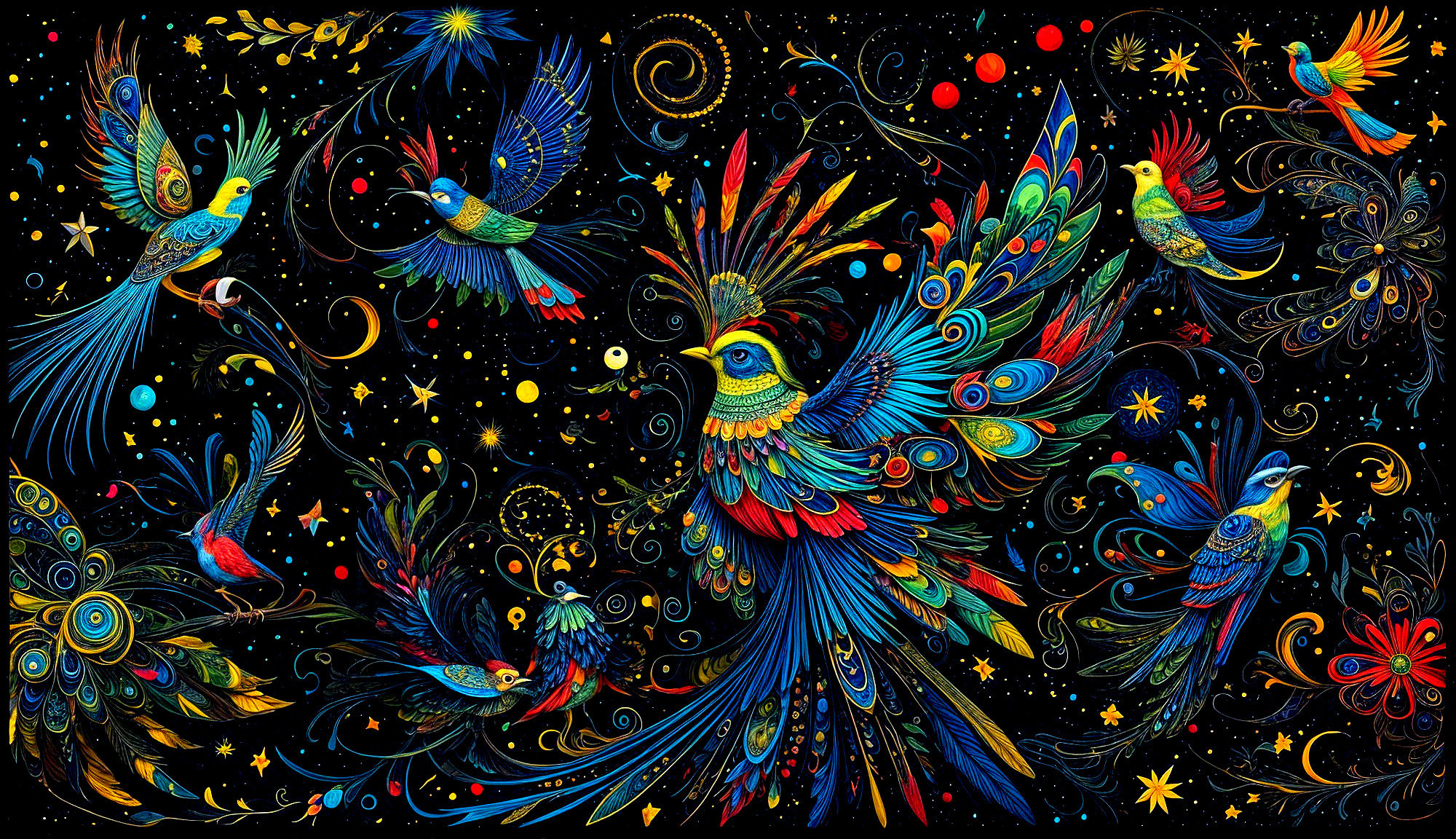 Colorful Birds Tapestry on Black Background