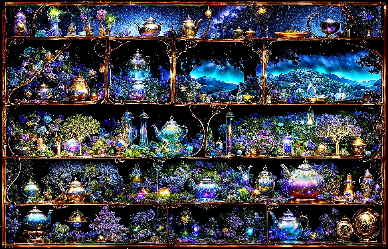 Whimsical Teapots and Glassware Among Purple Foliage