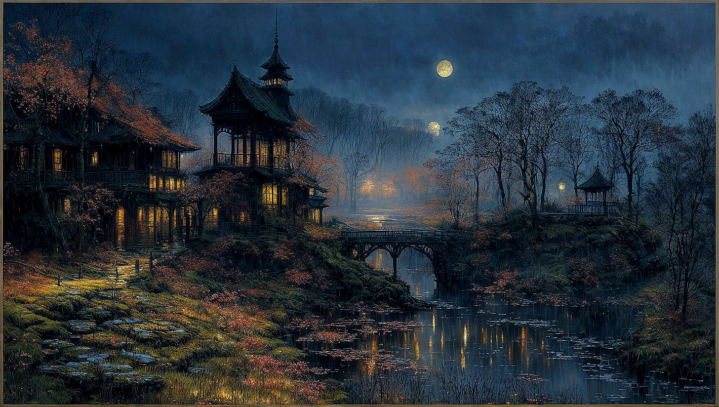 Twilight Village Scene by a Calm Lake with Autumn Foliage