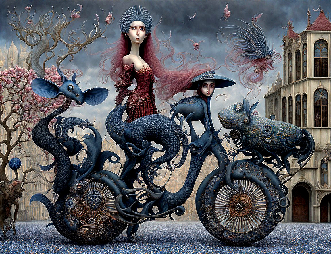 Surreal Landscape with Ethereal Figures on Bicycle