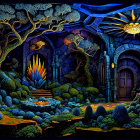 Stained-Glass Scene with Vibrant Colors and Flora