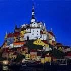 Whimsical Castle Surrounded by Colorful Landscape at Night