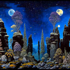 Gothic castle under a mystical night sky with moons