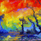Vibrant Landscape Painting with Swirling Skies and Trees