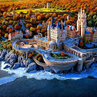 Abstract Landscape with Whimsical Village and Waves