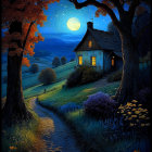 Serene night scene with illuminated cottage and autumn trees