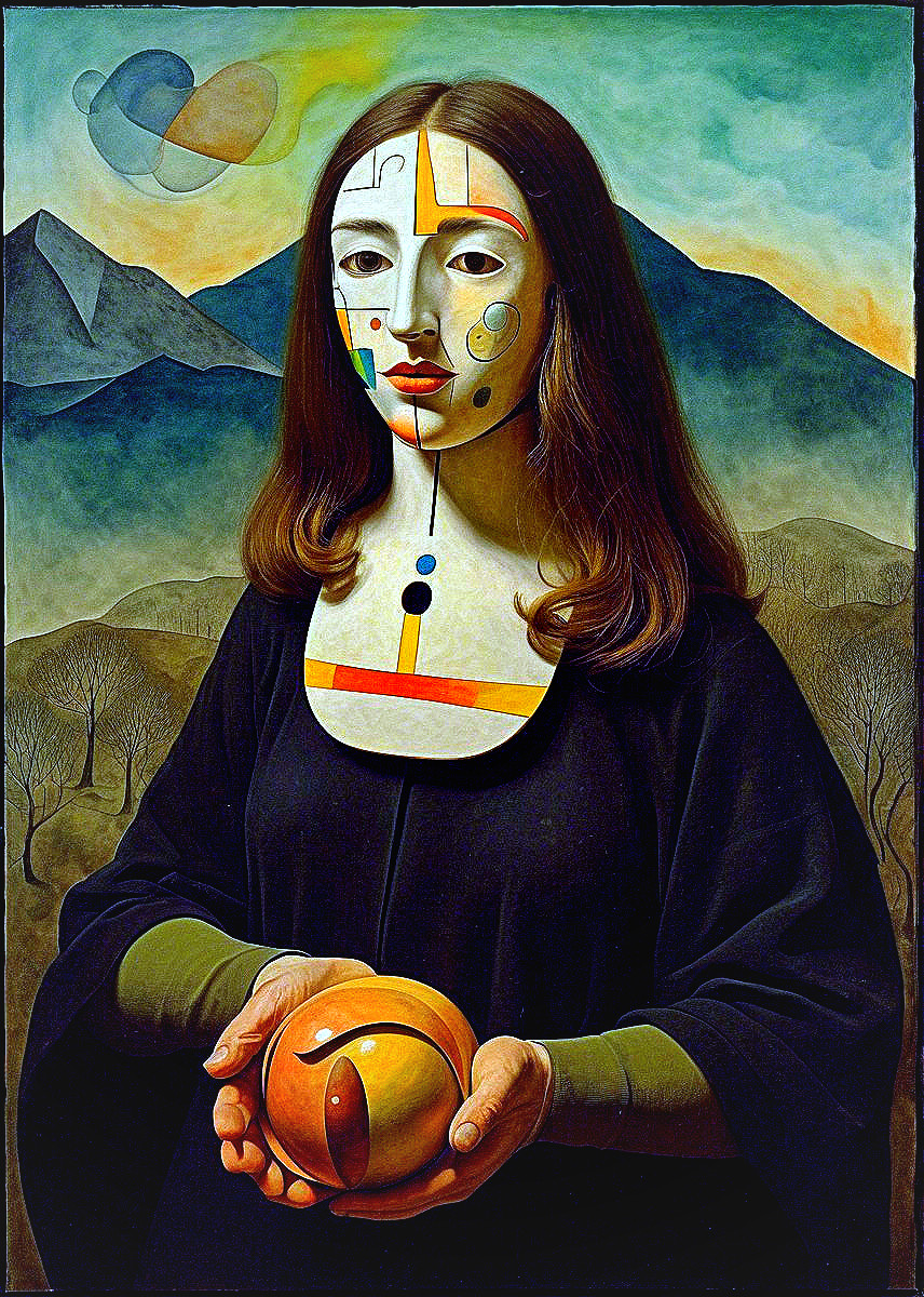 Geometric Portrait of Woman with Orange Orb in Landscape