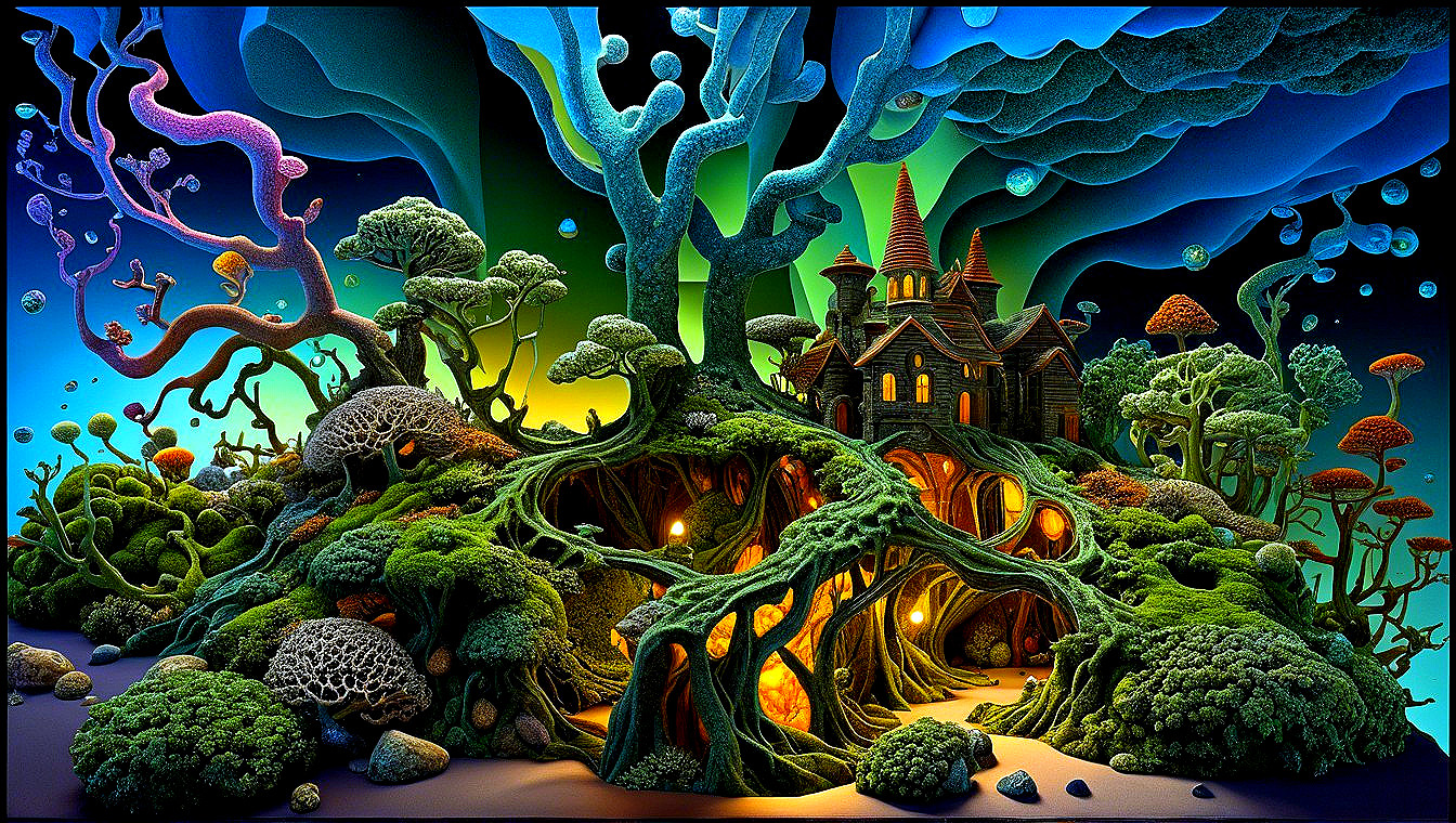 Surreal Landscape with Vibrant Trees and Whimsical House