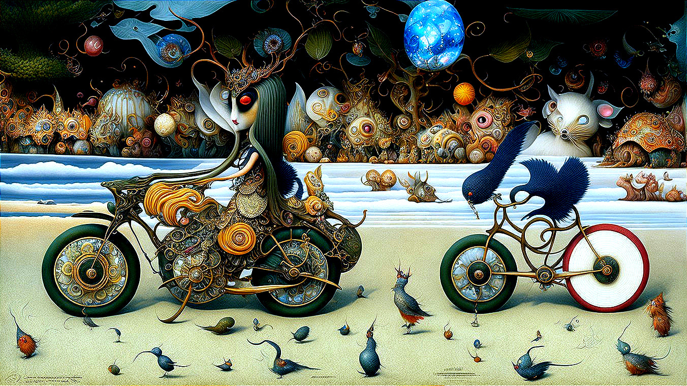 Whimsical Landscape with Steampunk Motorcycle and Creatures