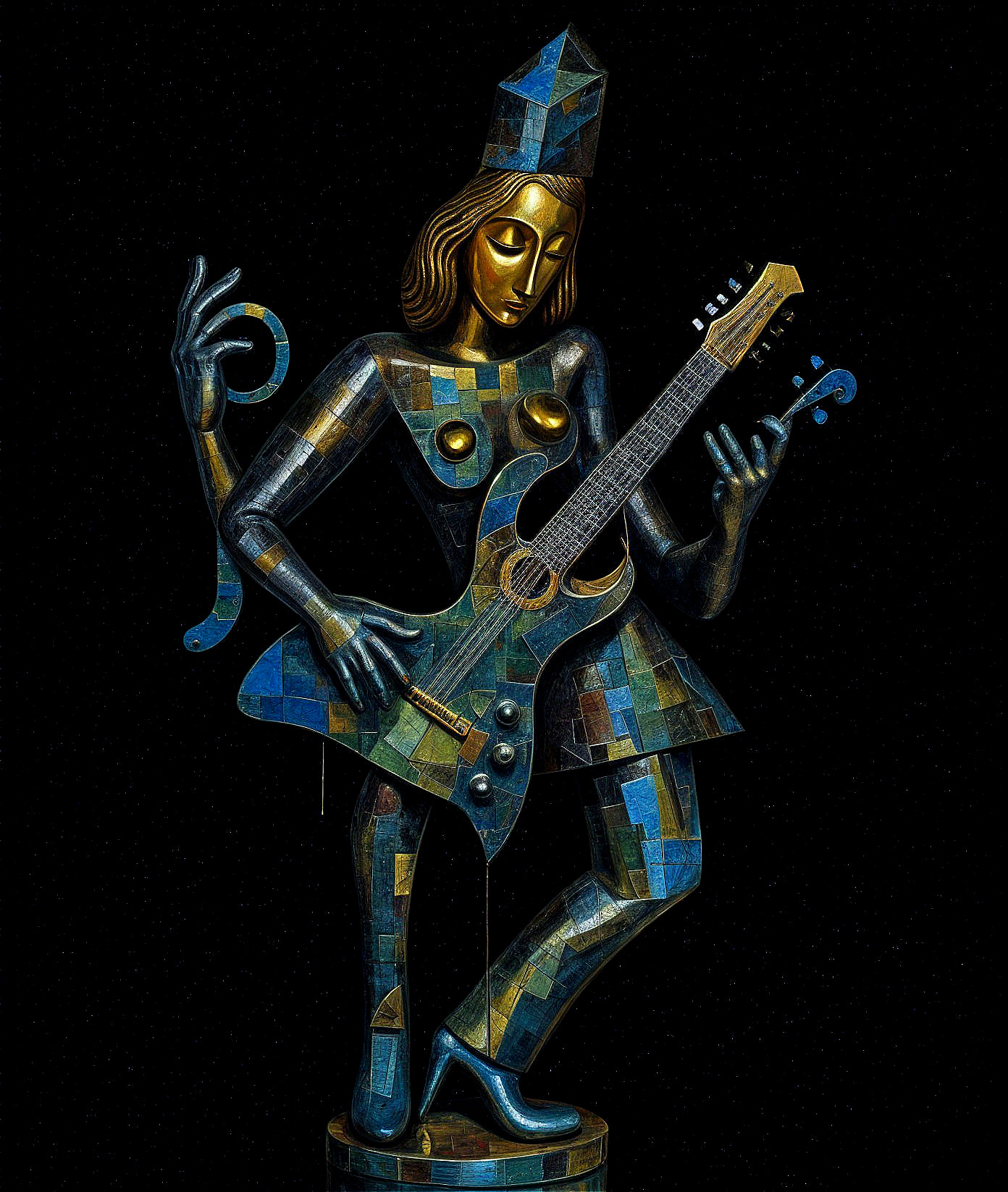Sculpture of Female Figure Playing Electric Guitar