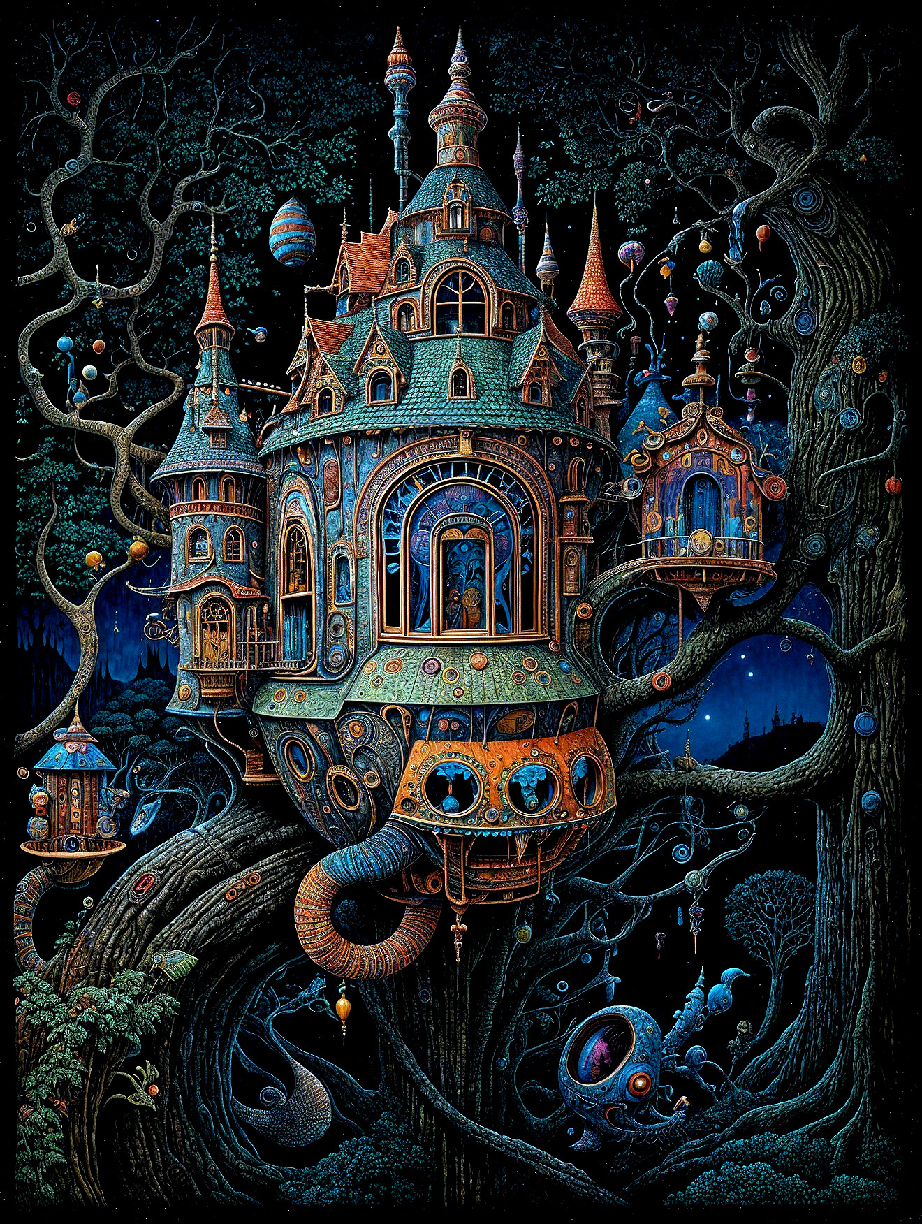 Whimsical Treehouse in an Ancient Tree with Turrets