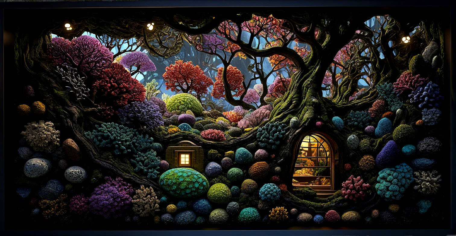 Whimsical Forest with Colorful Trees and Cottage