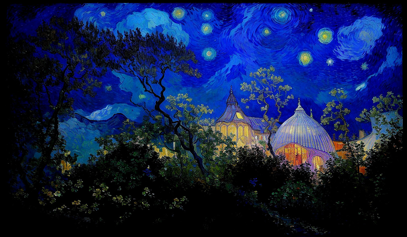 Dreamlike Night Scene with Swirling Blue Skies