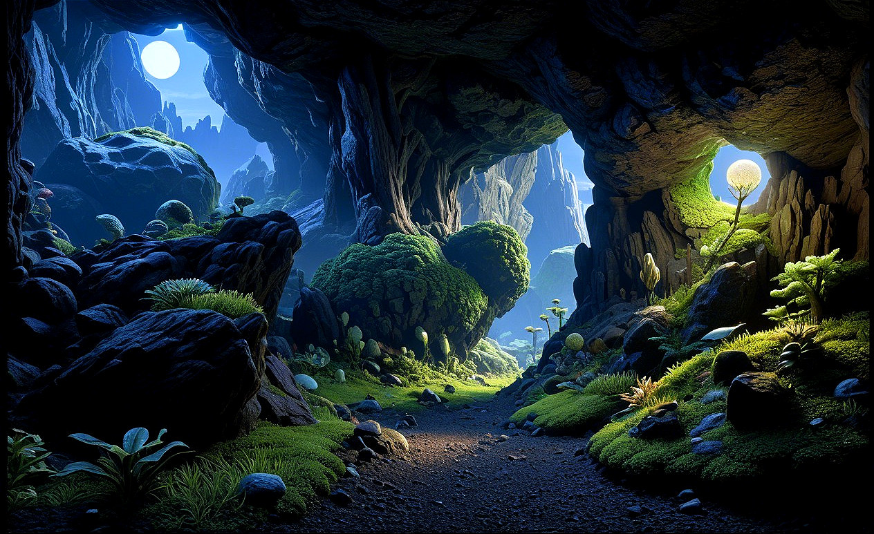 Mystical Cavern with Blue Light and Lush Vegetation