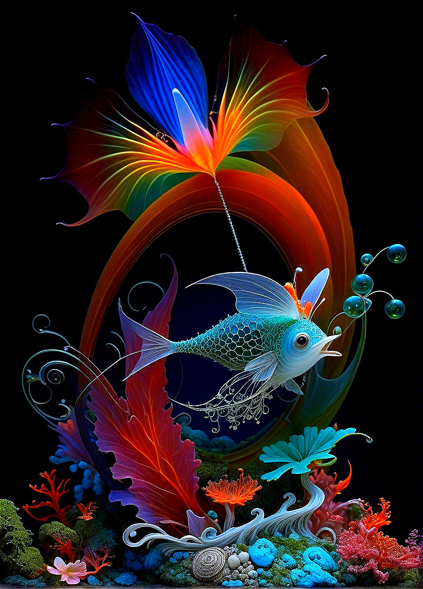Surreal Underwater Scene with Luminous Fish and Coral