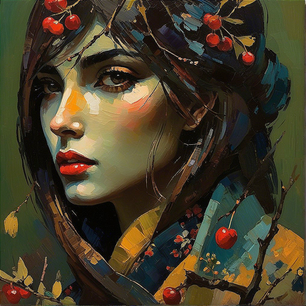 Portrait of a Young Woman with Dark Hair and Cherries