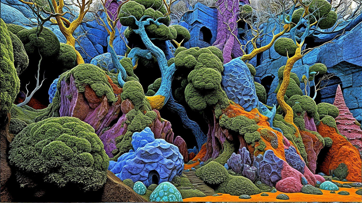 Surreal Vibrant Landscape with Colorful Trees and Rocks