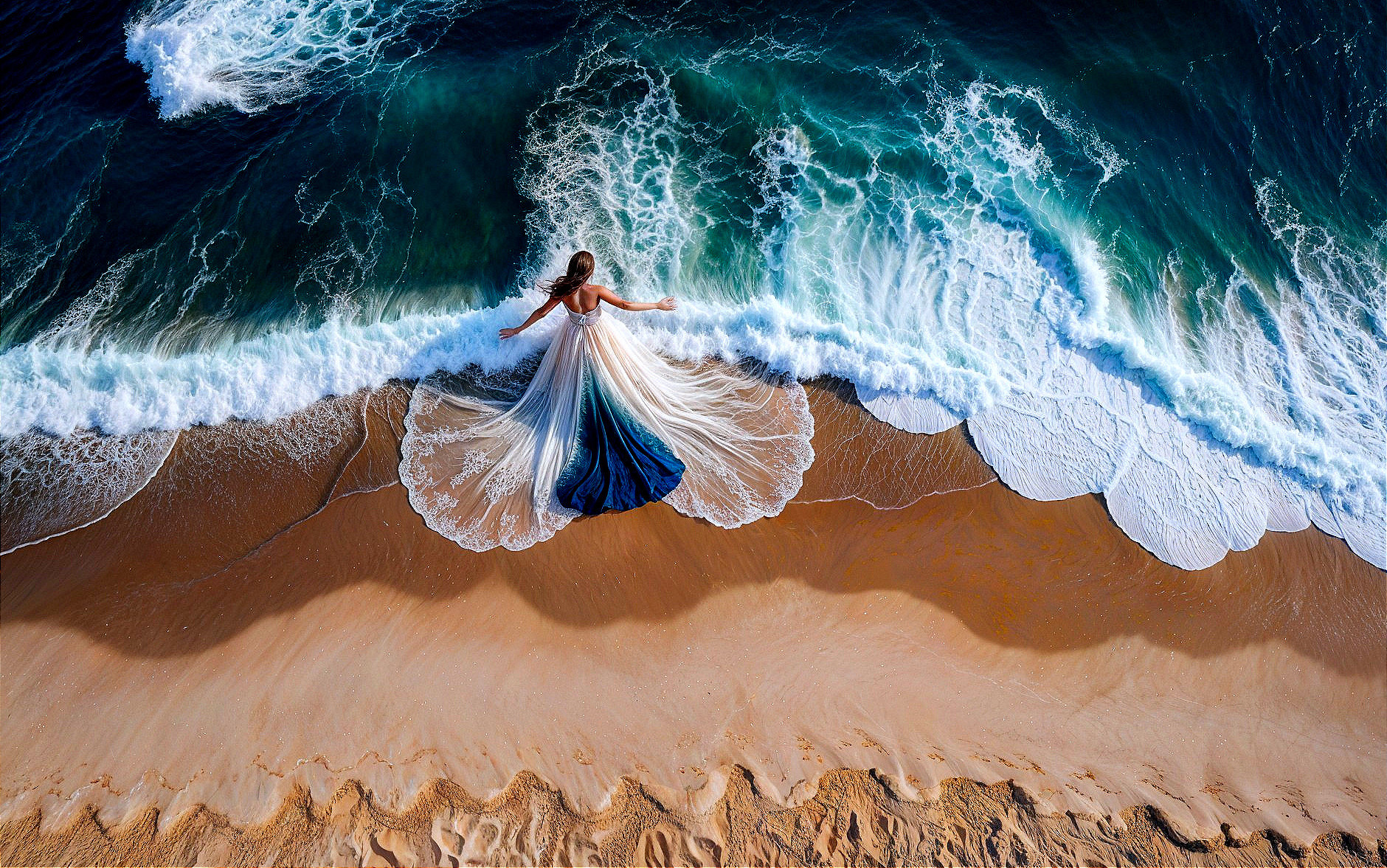 Aerial View of Woman in Flowing Dress by Ocean
