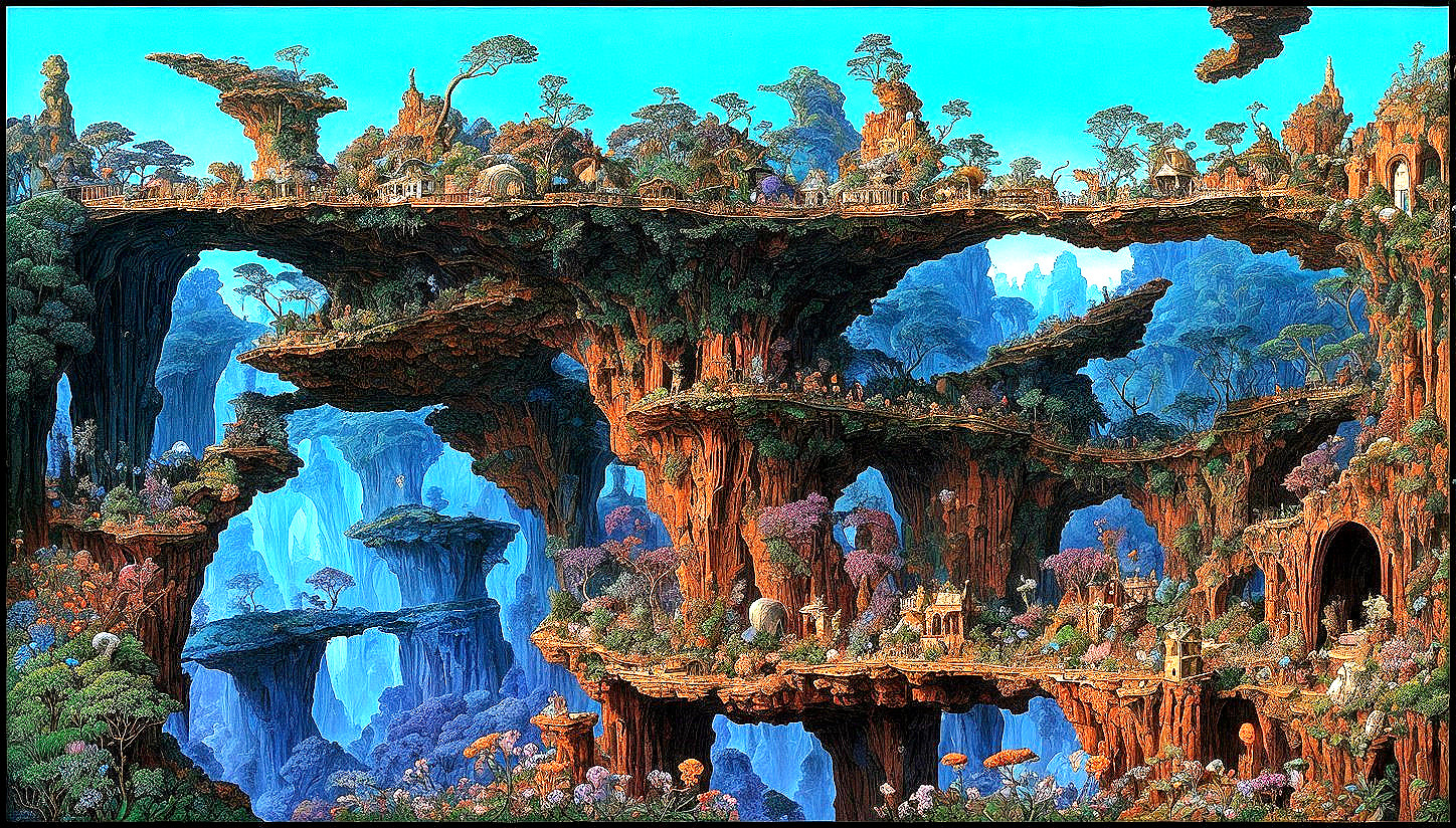 Fantastical Landscape of Floating Islands and Waterfalls