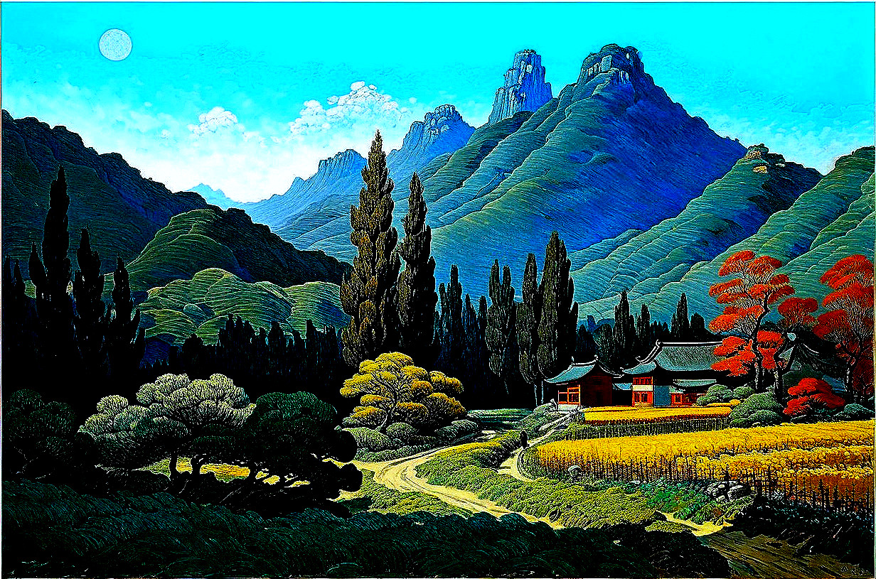 Vibrant Landscape with Mountains and Traditional Houses