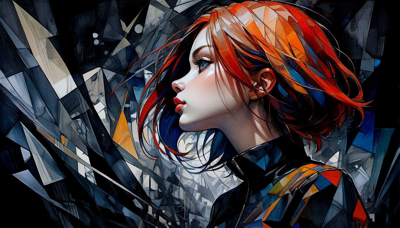 Stylized profile of a woman with red hair and geometry
