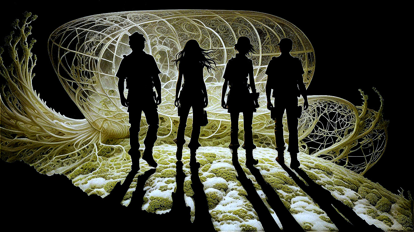 Surreal Landscape with Silhouetted Figures and Glow