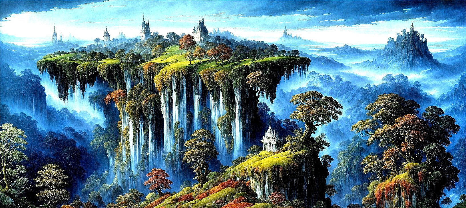 Surreal Landscape with Floating Islands and Waterfalls
